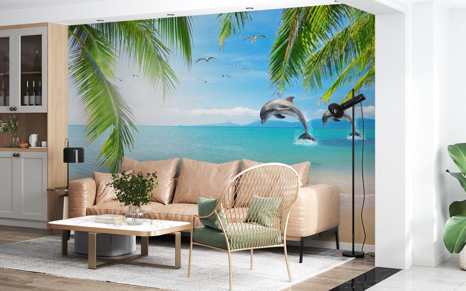 Papier peint deux dauphins au large de la côte avec une eau azur