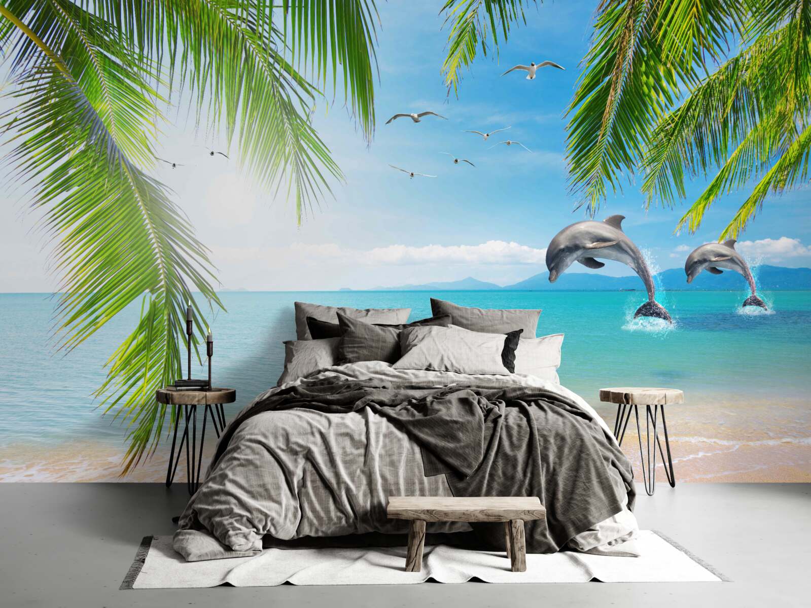Papier peint deux dauphins au large de la côte avec une eau azur