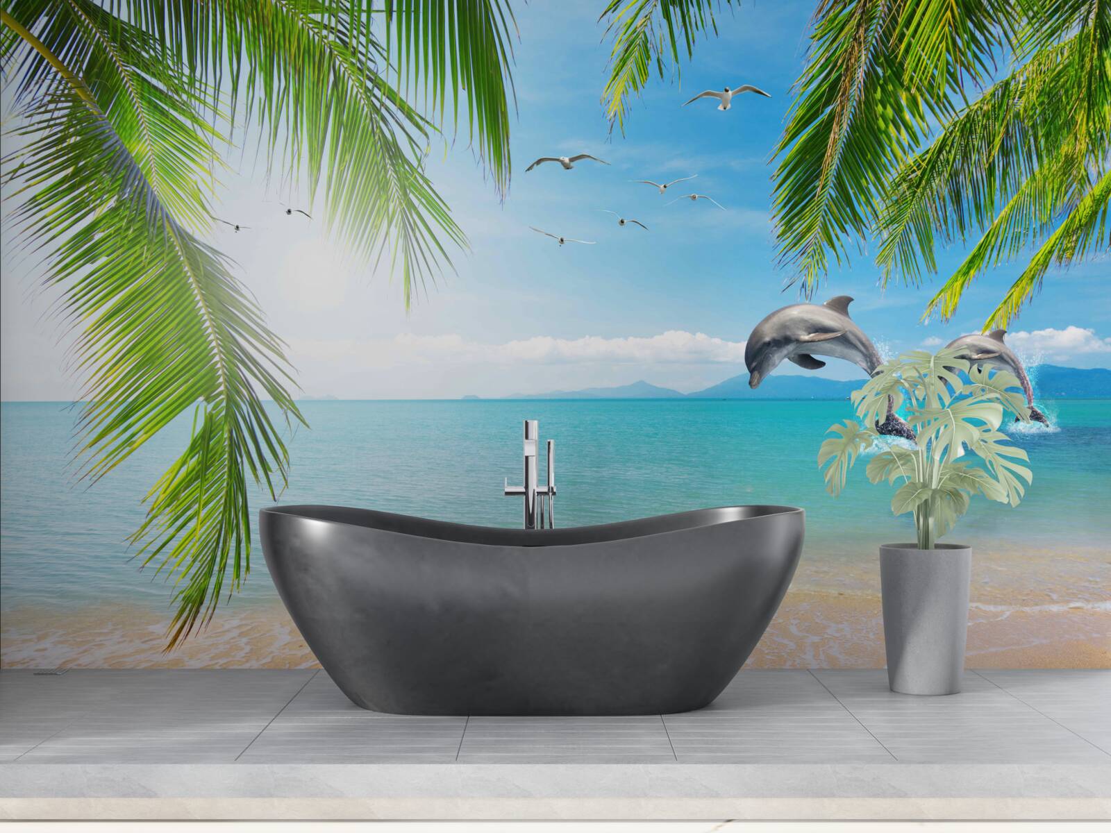 Papier peint deux dauphins au large de la côte avec une eau azur