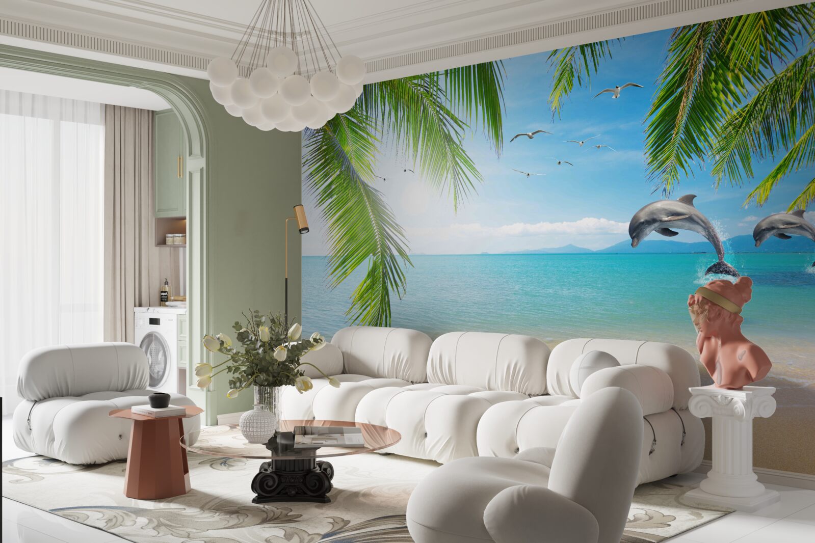 Papier peint deux dauphins au large de la côte avec une eau azur