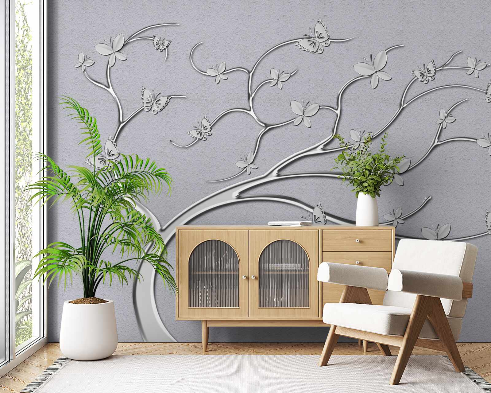 Papier peint arbre fin avec des fleurs métalliques