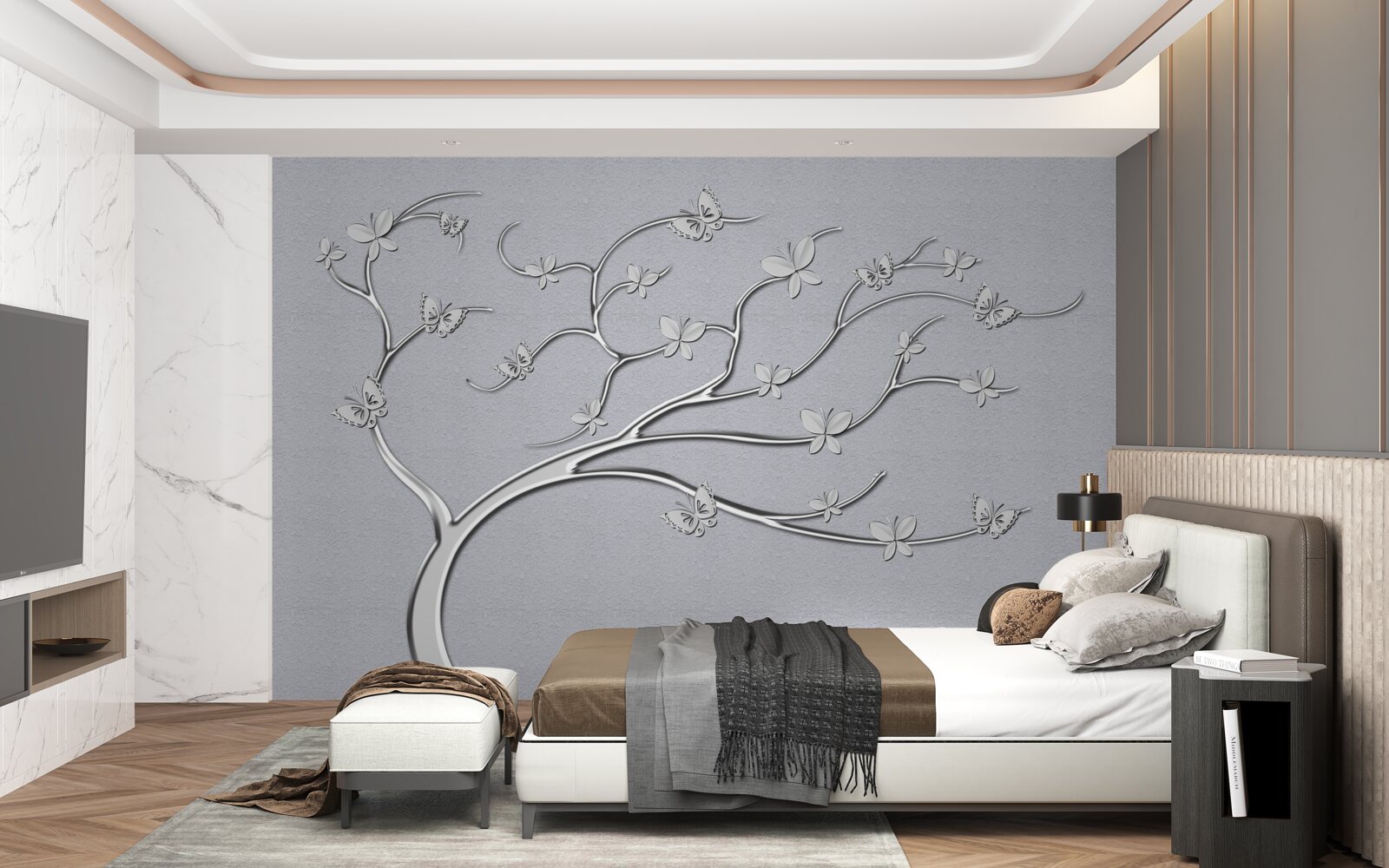 Papier peint arbre fin avec des fleurs métalliques