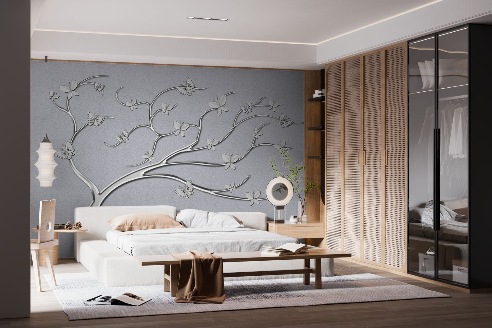 Papier peint arbre fin avec des fleurs métalliques