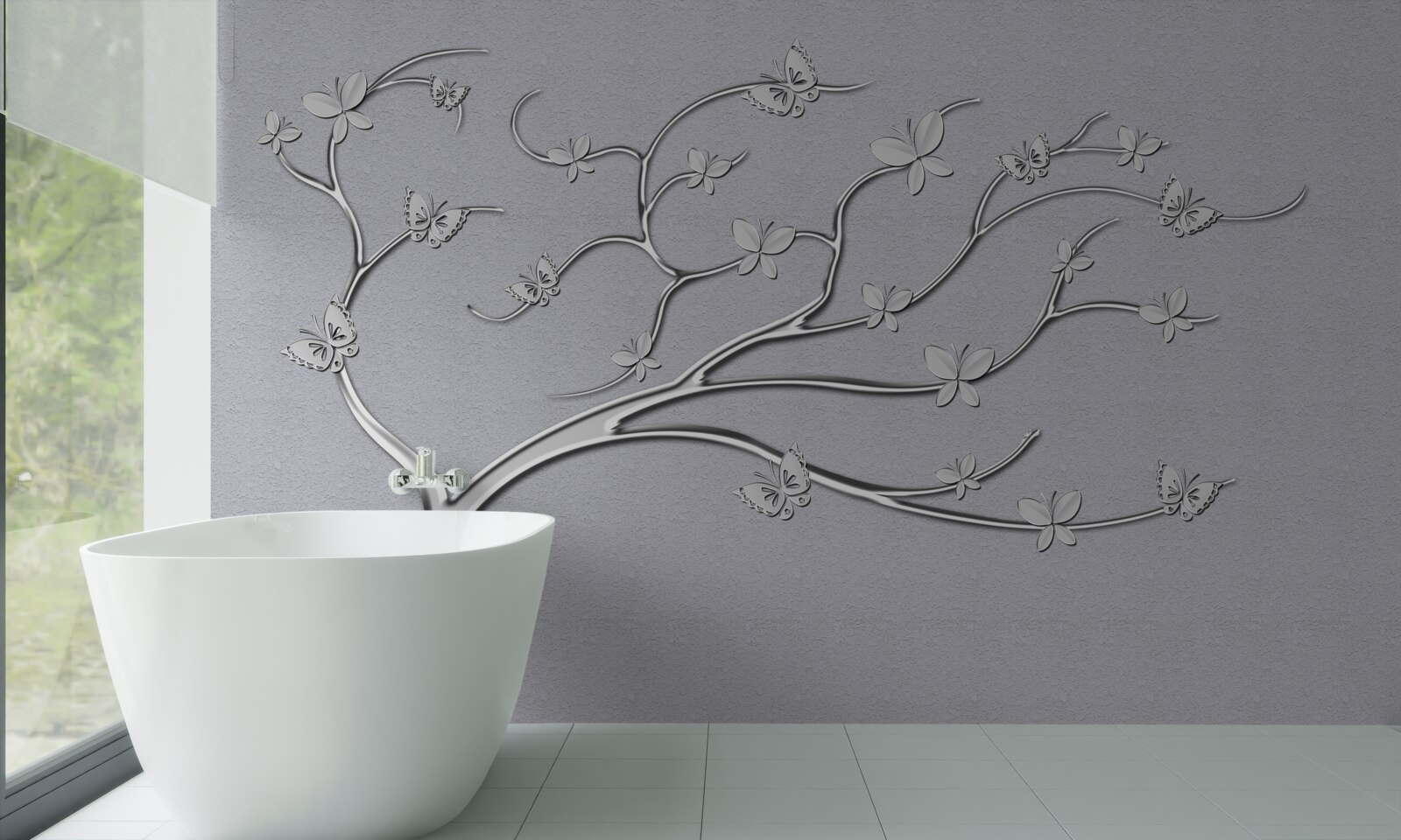 Papier peint arbre fin avec des fleurs métalliques
