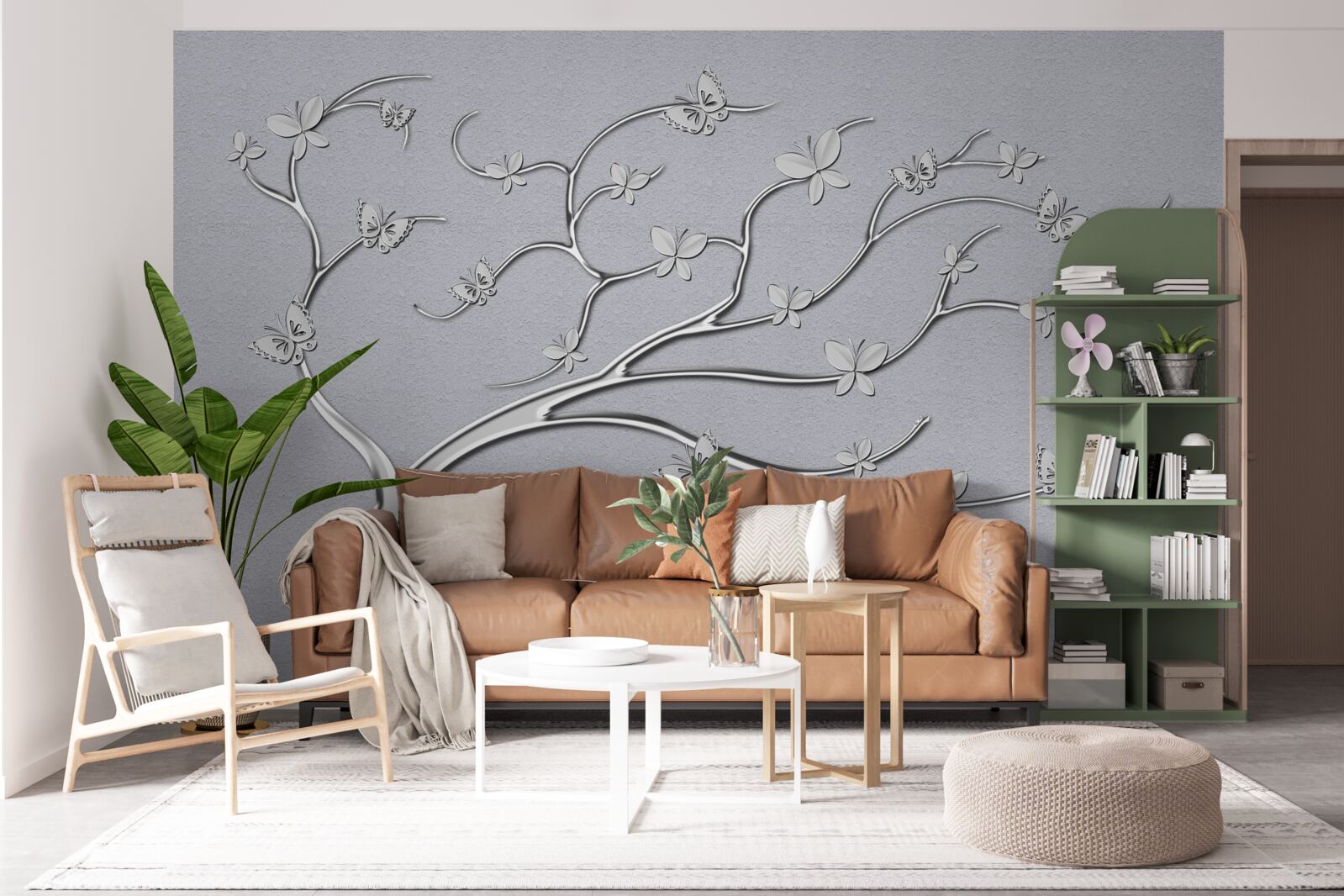 Papier peint arbre fin avec des fleurs métalliques