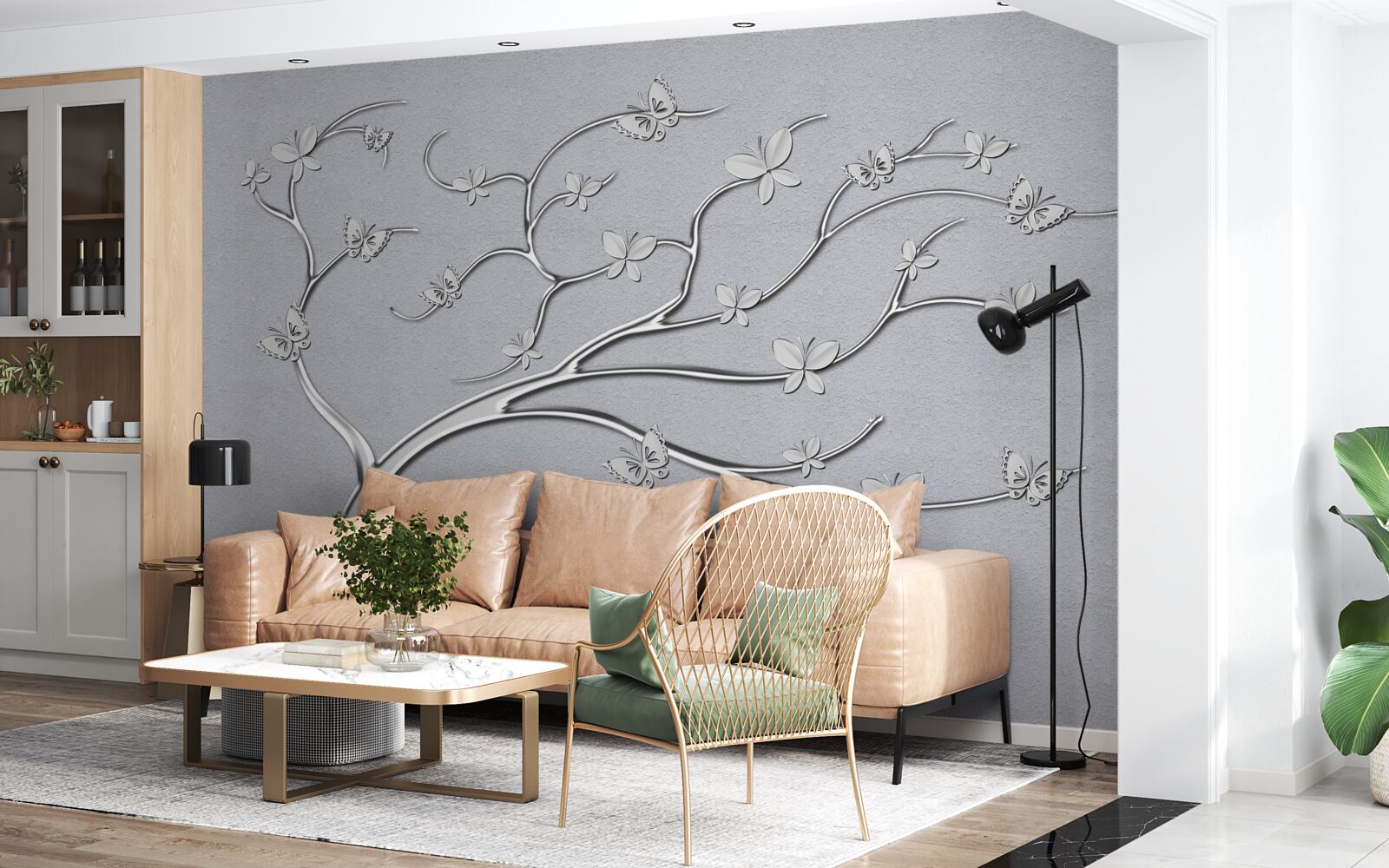 Papier peint arbre fin avec des fleurs métalliques