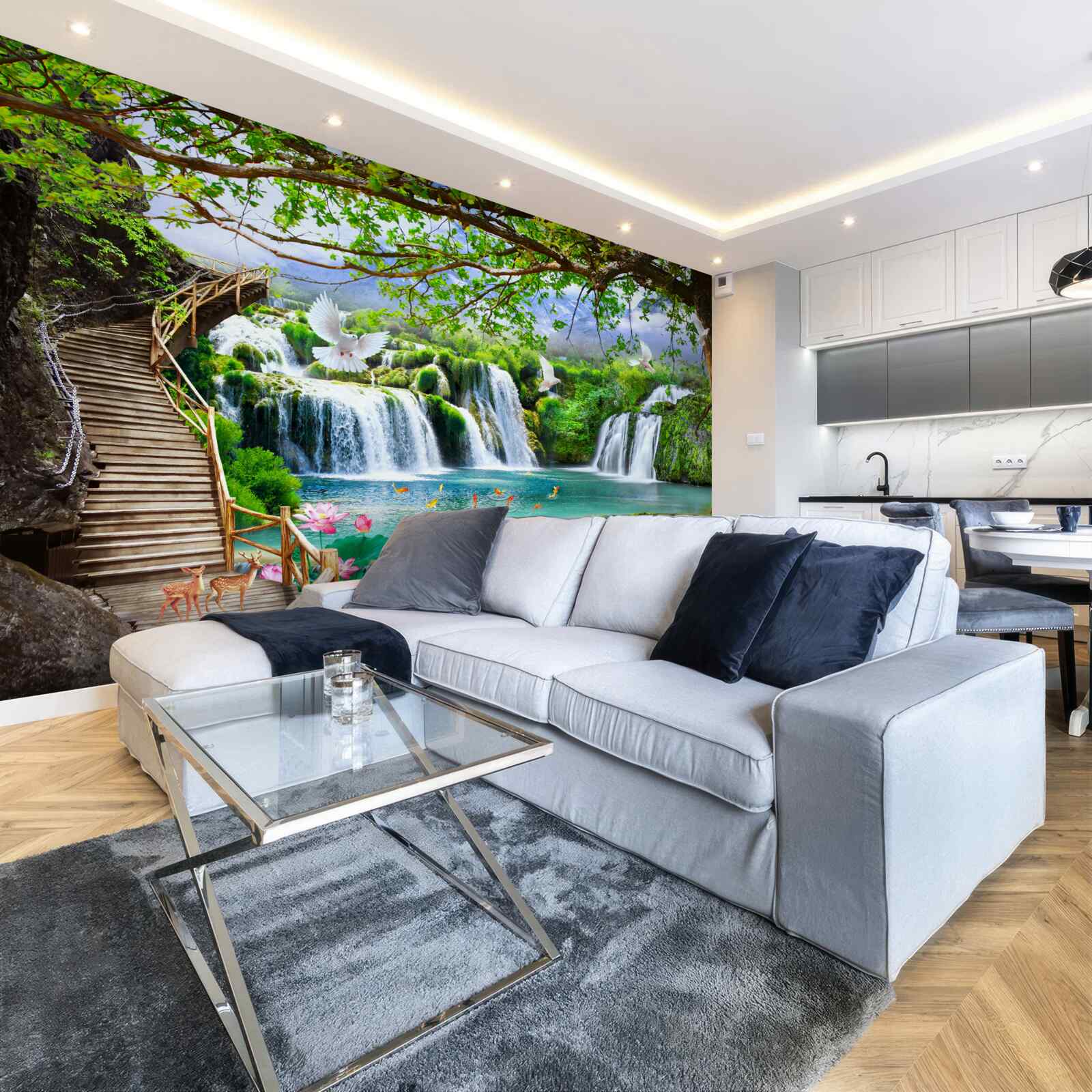 Papier peint photo avec cascades et végétation verte