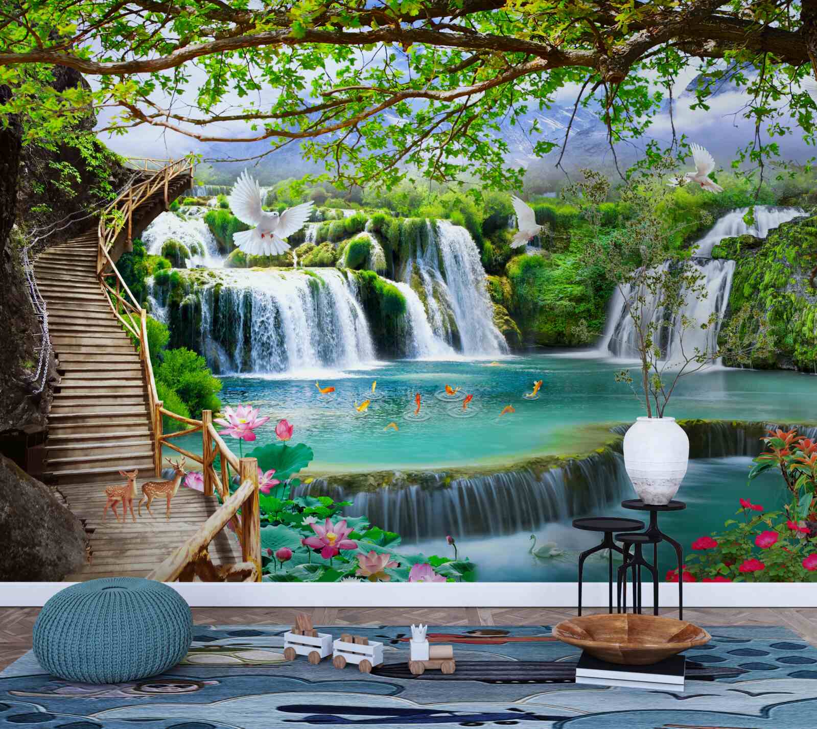 Papier peint photo avec cascades et végétation verte