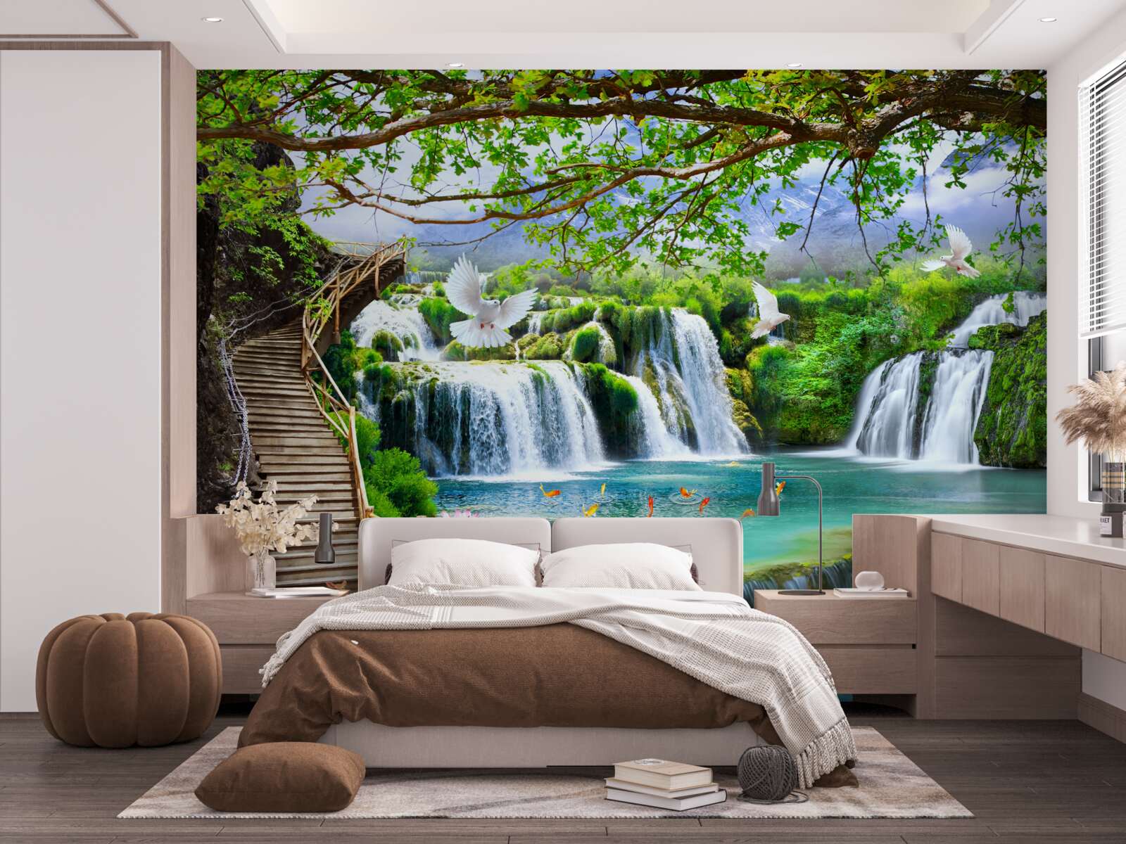 Papier peint photo avec cascades et végétation verte