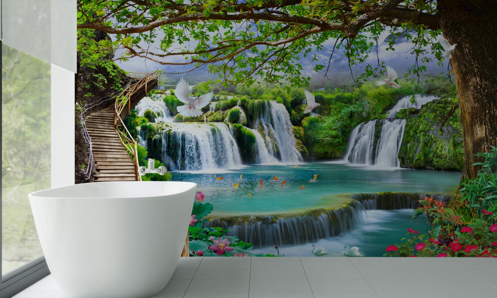 Papier peint photo avec cascades et végétation verte