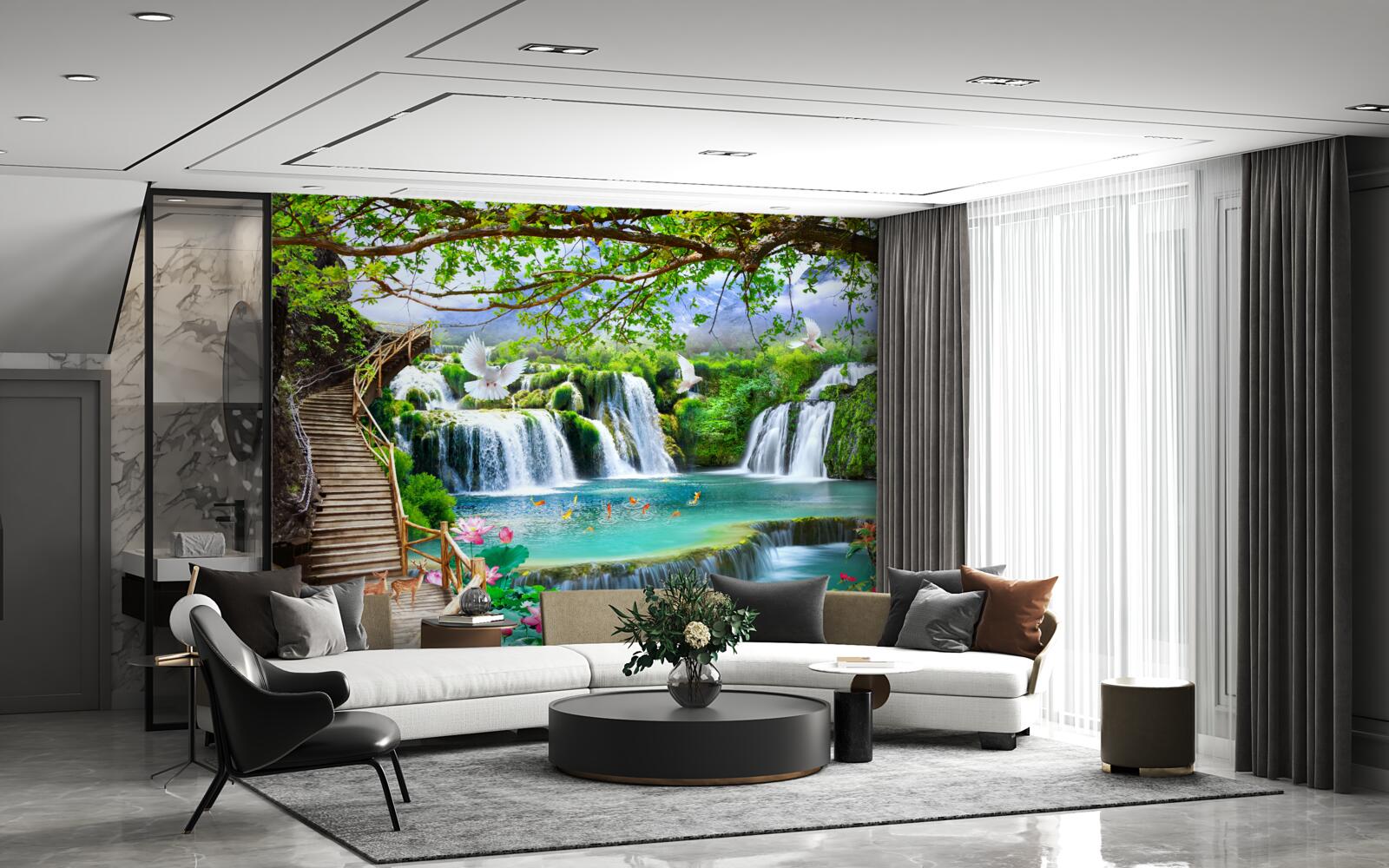 Papier peint photo avec cascades et végétation verte