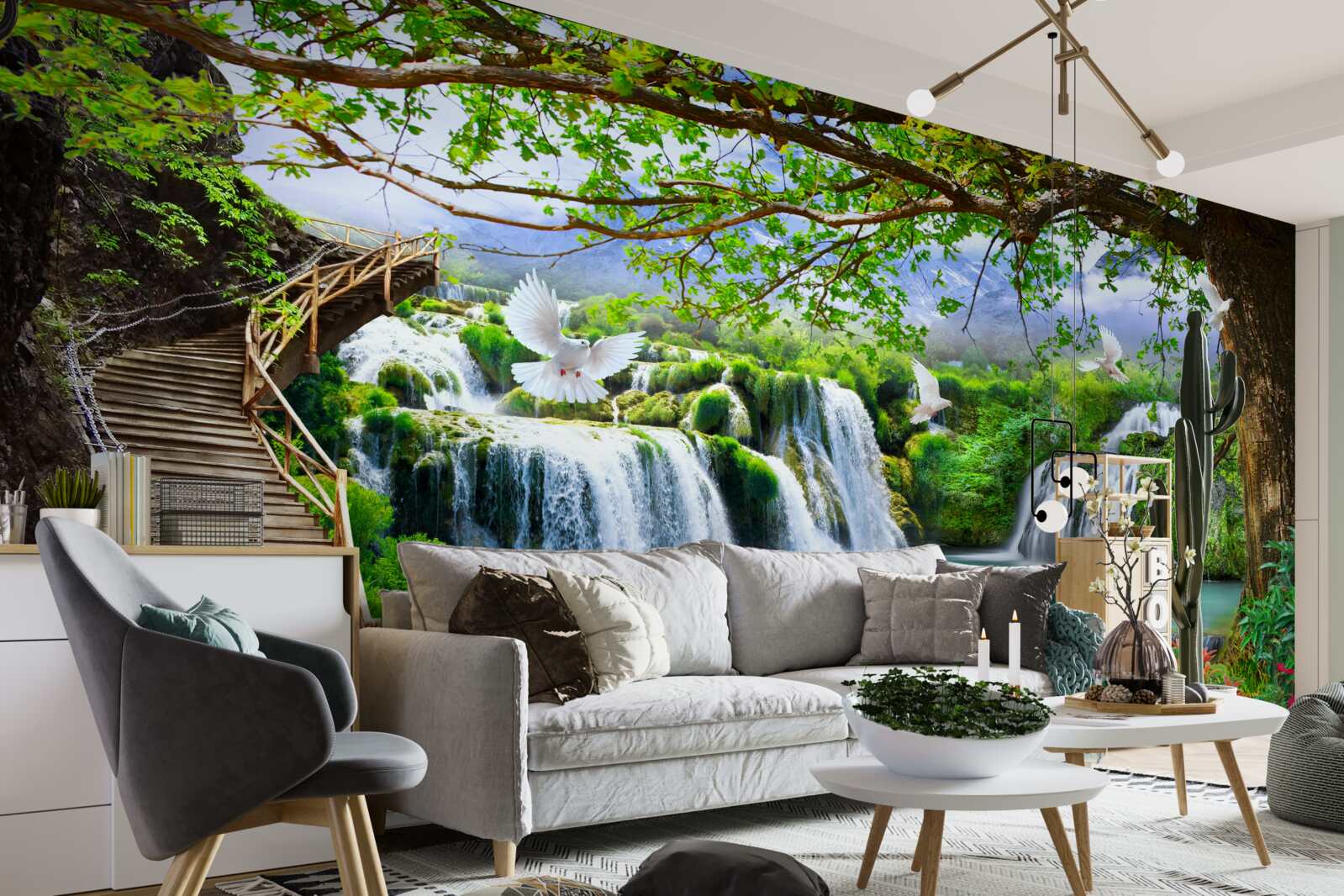 Papier peint photo avec cascades et végétation verte
