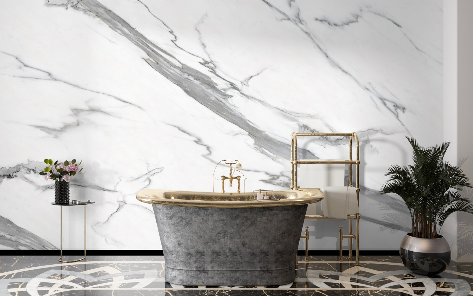 Papier peint marbre blanc avec motifs gris