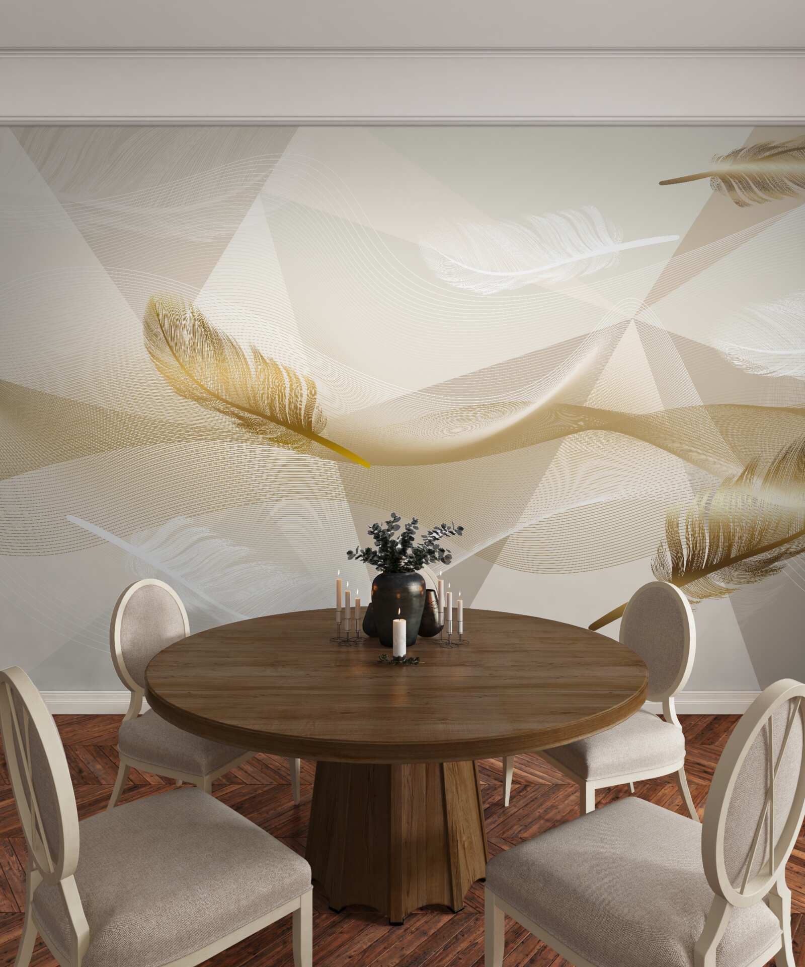 Papier peint plumes volantes et formes géométriques