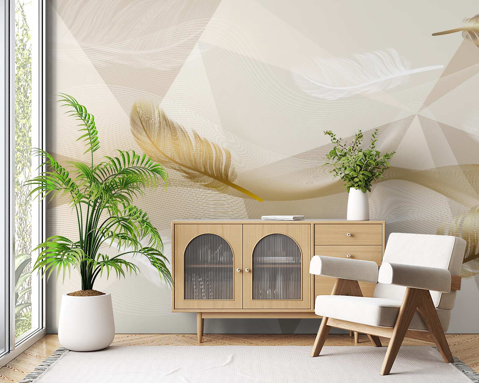 Papier peint plumes volantes et formes géométriques