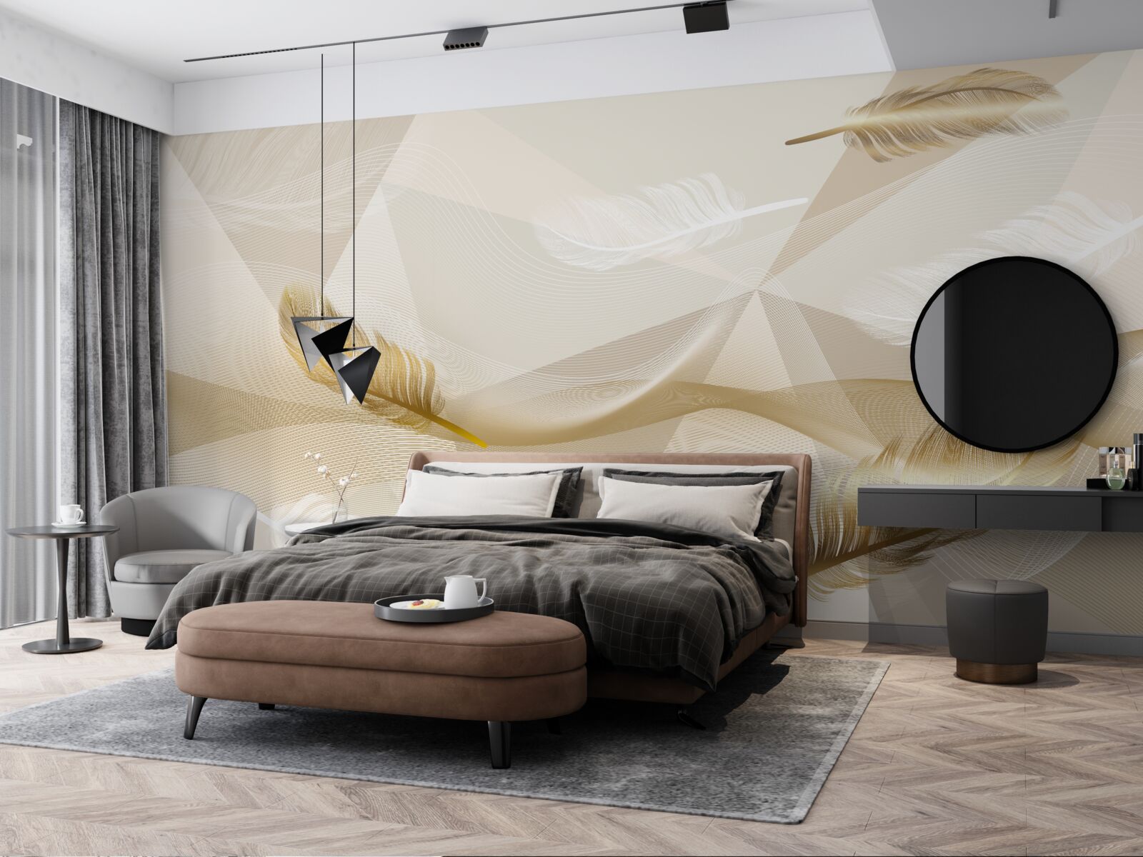 Papier peint plumes volantes et formes géométriques