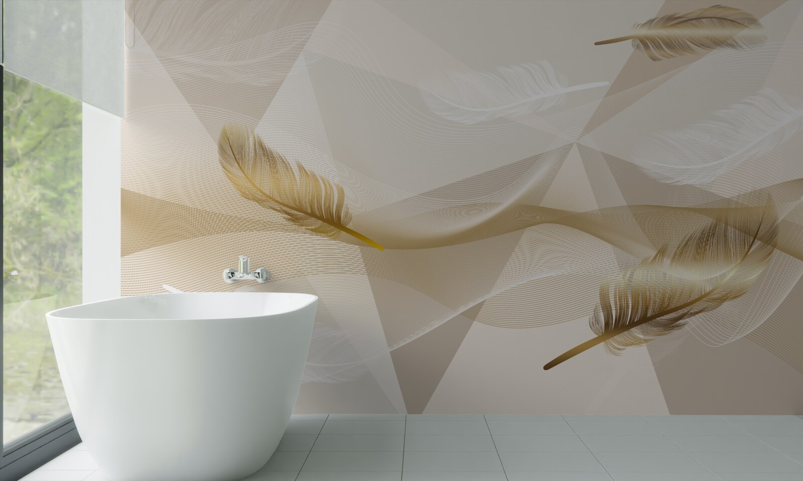 Papier peint plumes volantes et formes géométriques