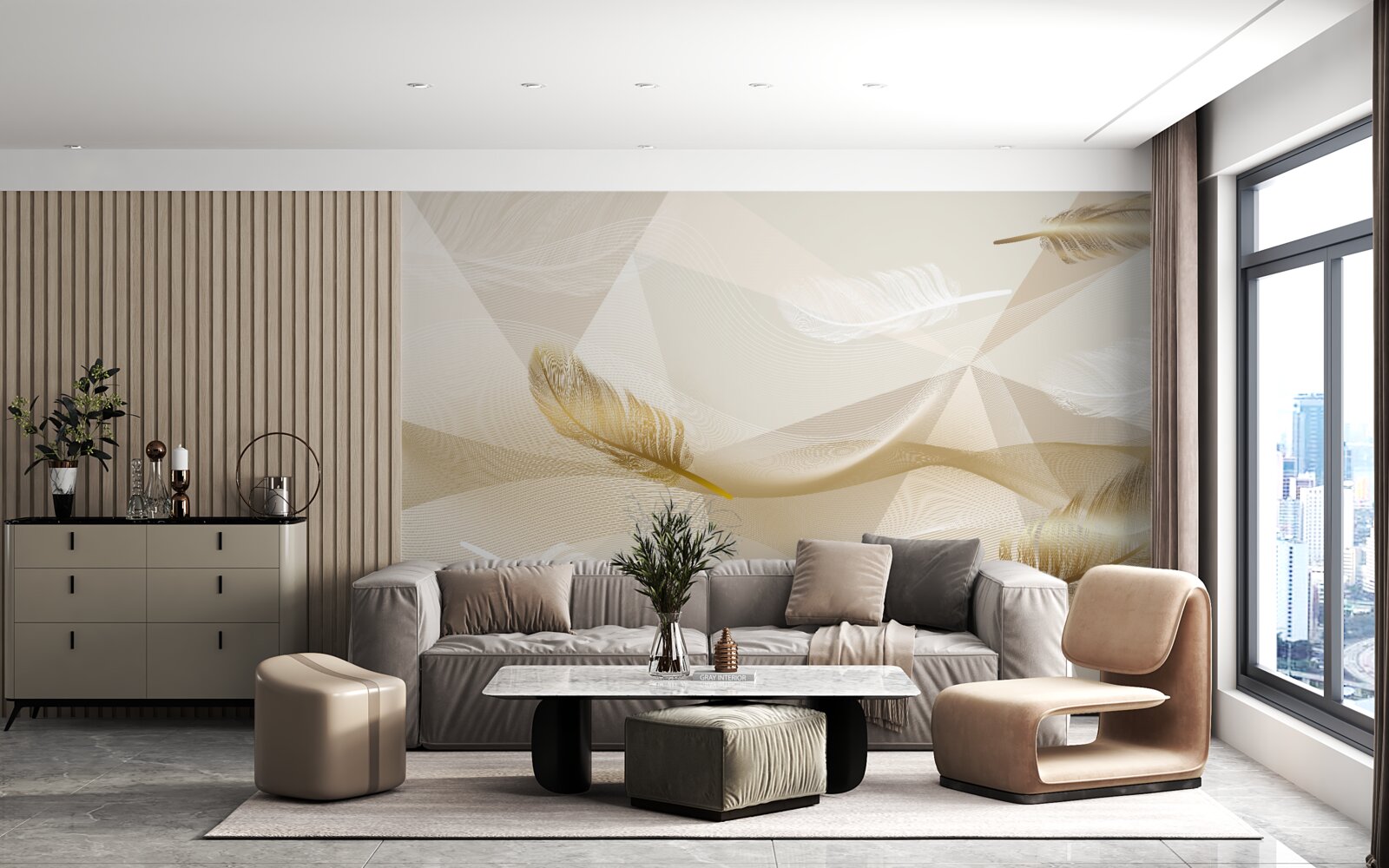 Papier peint plumes volantes et formes géométriques