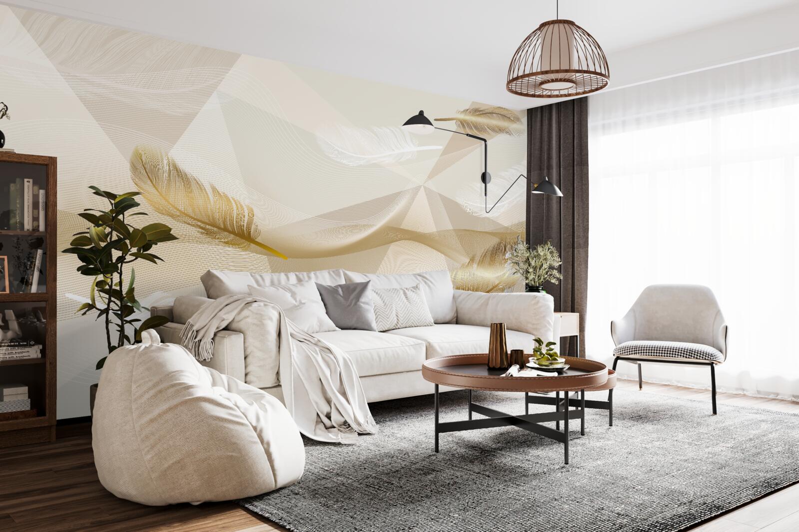 Papier peint plumes volantes et formes géométriques