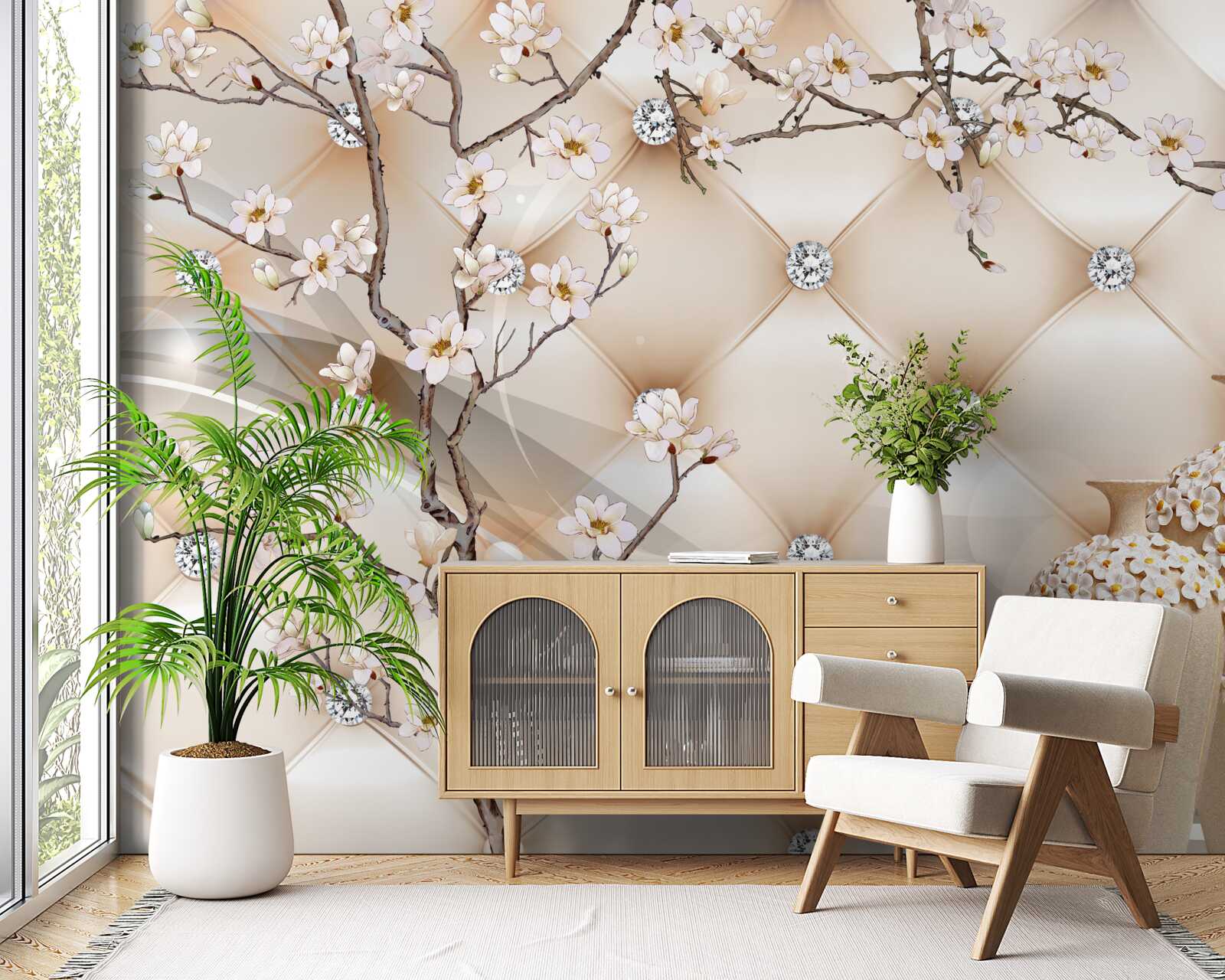 Papier peint texture avec une branche et des fleurs