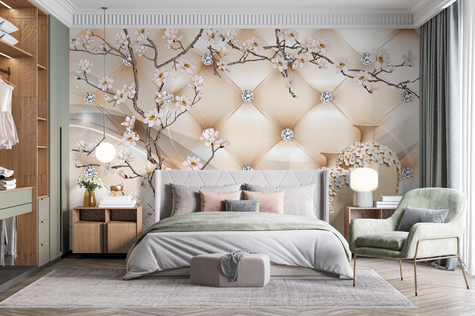 Papier peint texture avec une branche et des fleurs