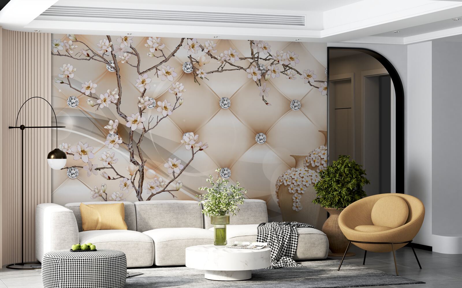 Papier peint texture avec une branche et des fleurs