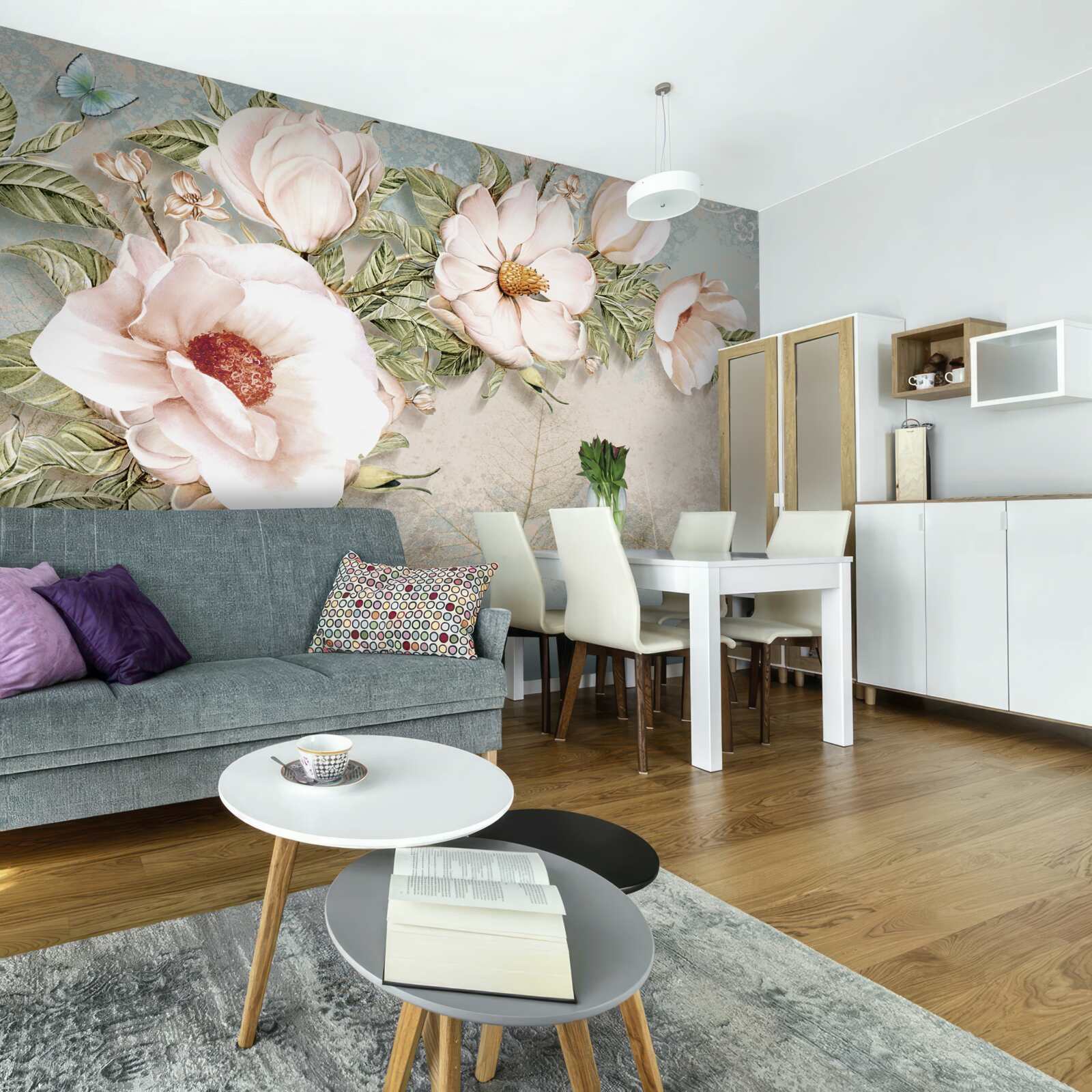 Papier peint bourgeons de fleurs brillants sur un fond abstrait