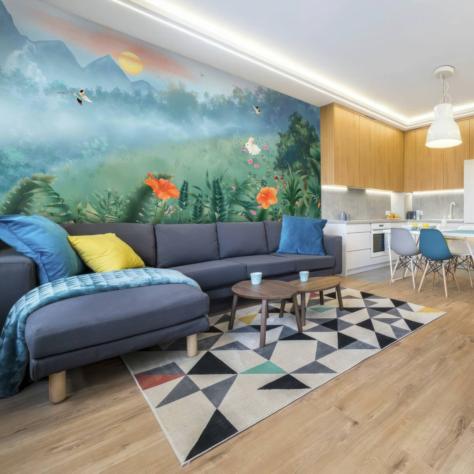 Papier peint lever de soleil sur une clairière de montagne