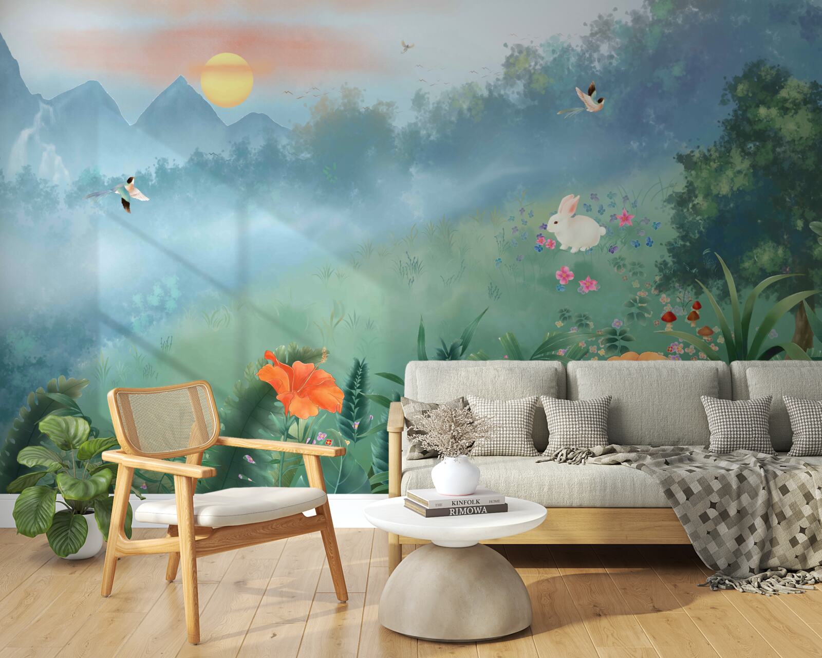 Papier peint lever de soleil sur une clairière de montagne