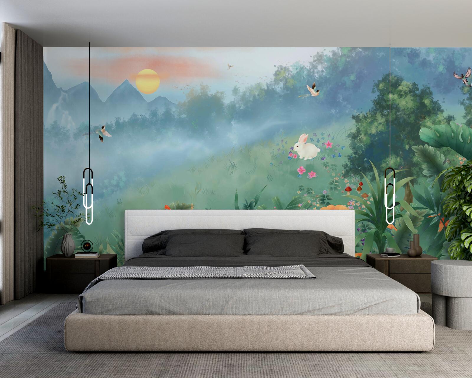 Papier peint lever de soleil sur une clairière de montagne