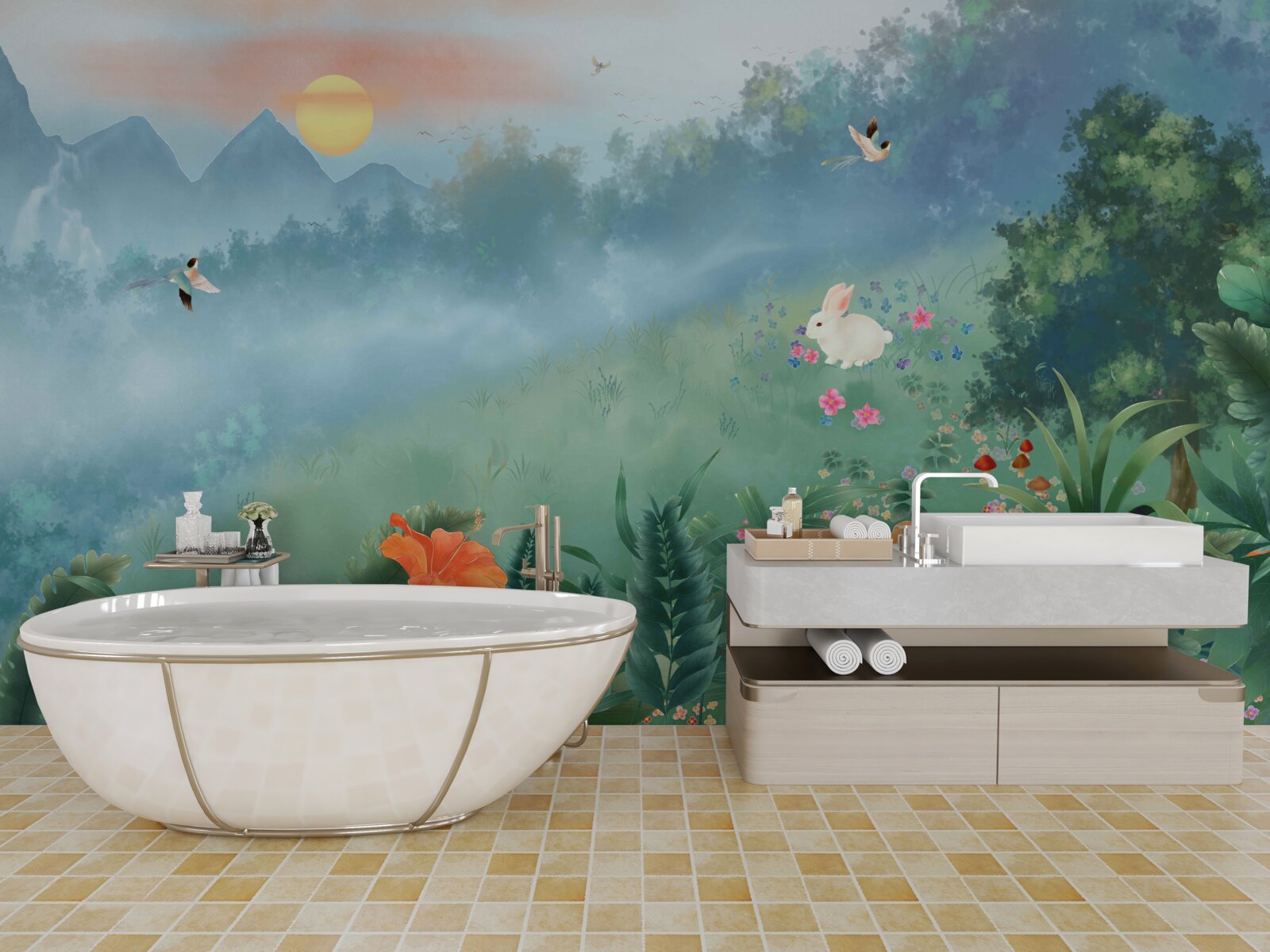 Papier peint lever de soleil sur une clairière de montagne