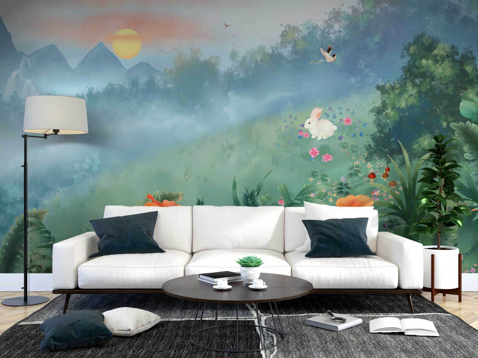 Papier peint lever de soleil sur une clairière de montagne