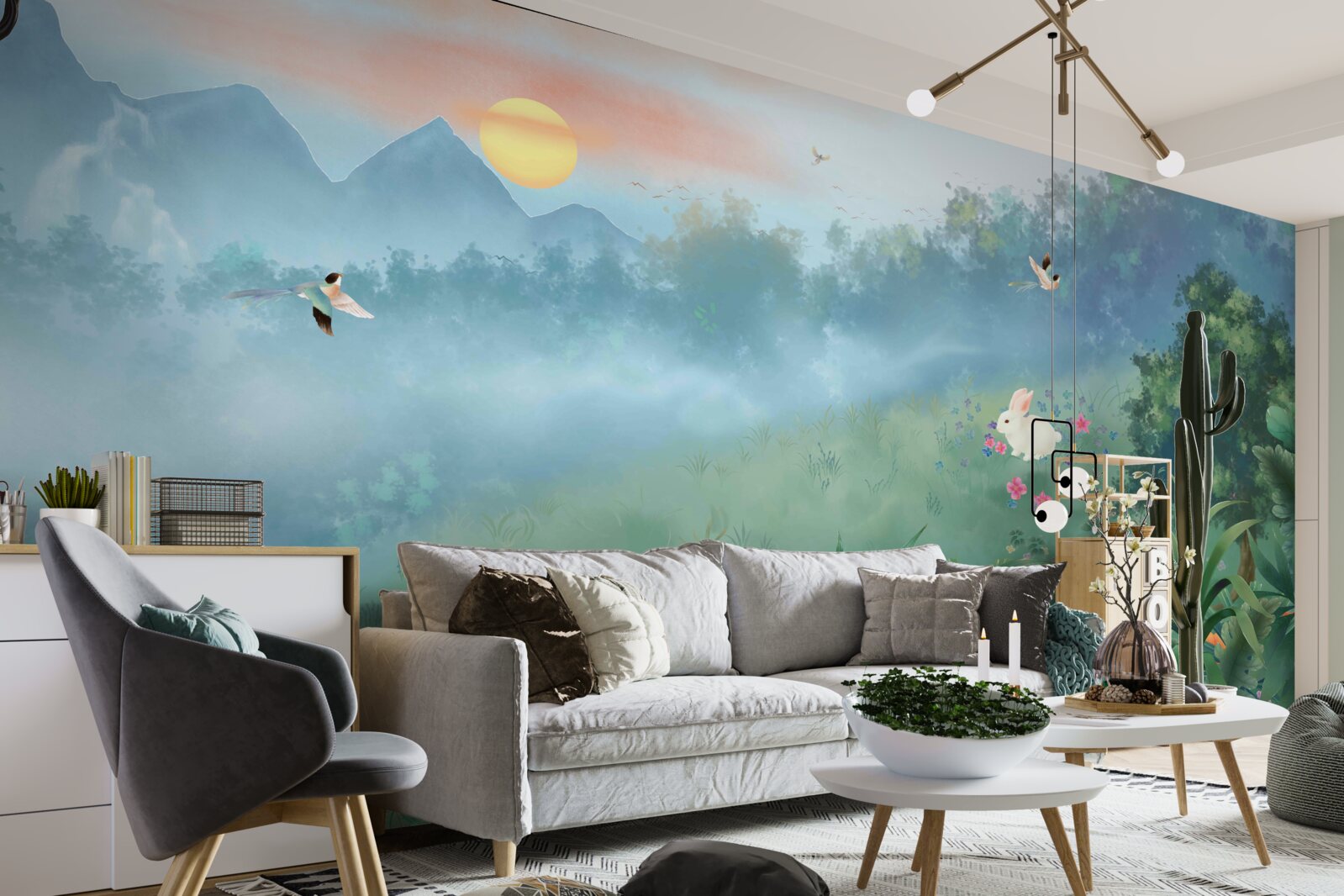 Papier peint lever de soleil sur une clairière de montagne