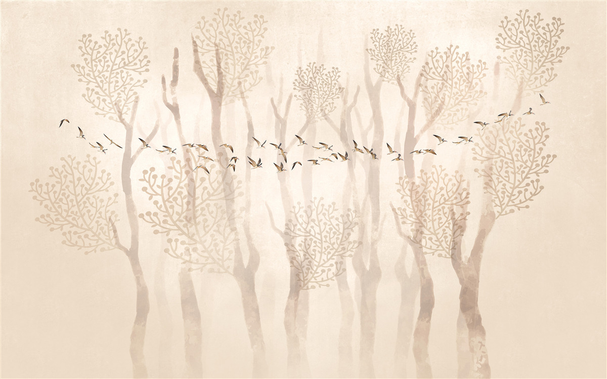 Papier peint arbres gracieux et groupe d'oiseaux
