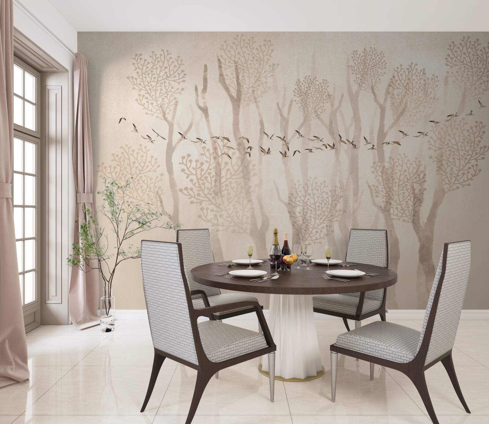 Papier peint arbres gracieux et groupe d'oiseaux