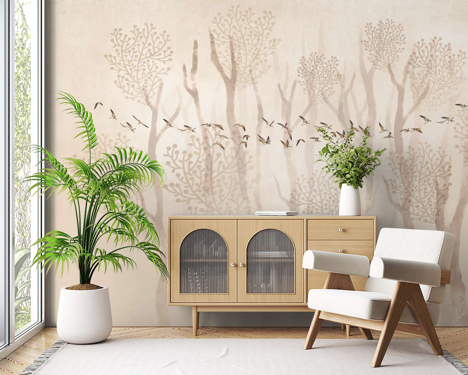 Papier peint arbres gracieux et groupe d'oiseaux