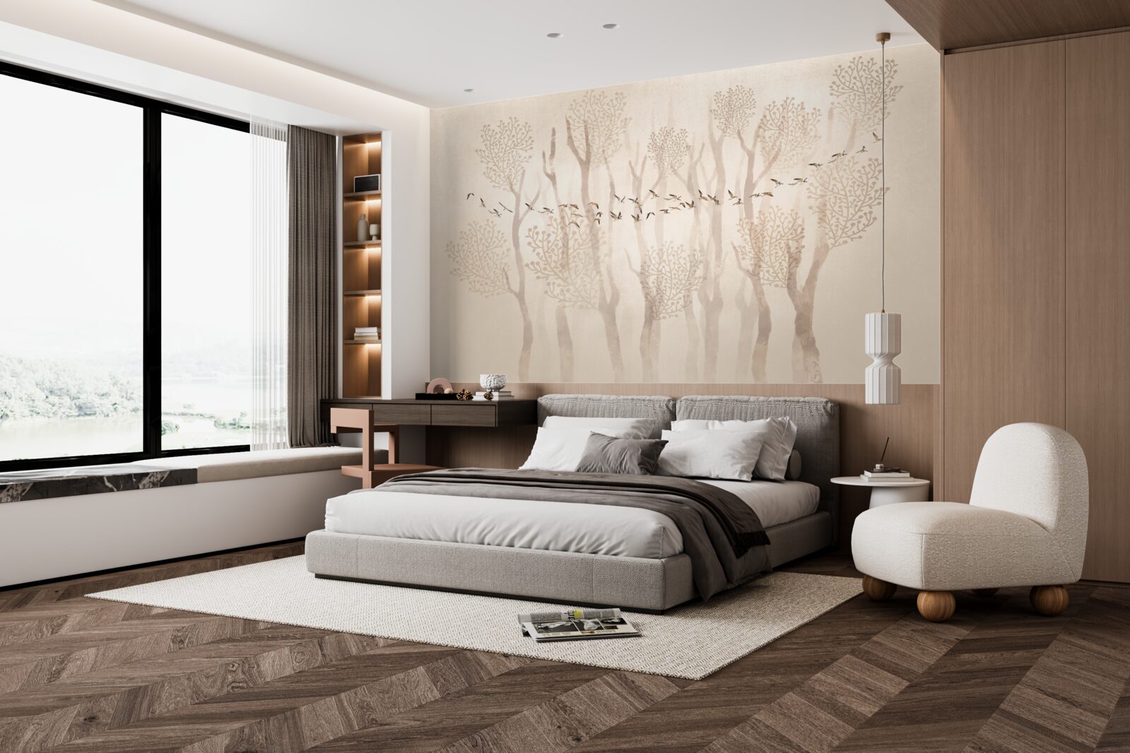 Papier peint arbres gracieux et groupe d'oiseaux