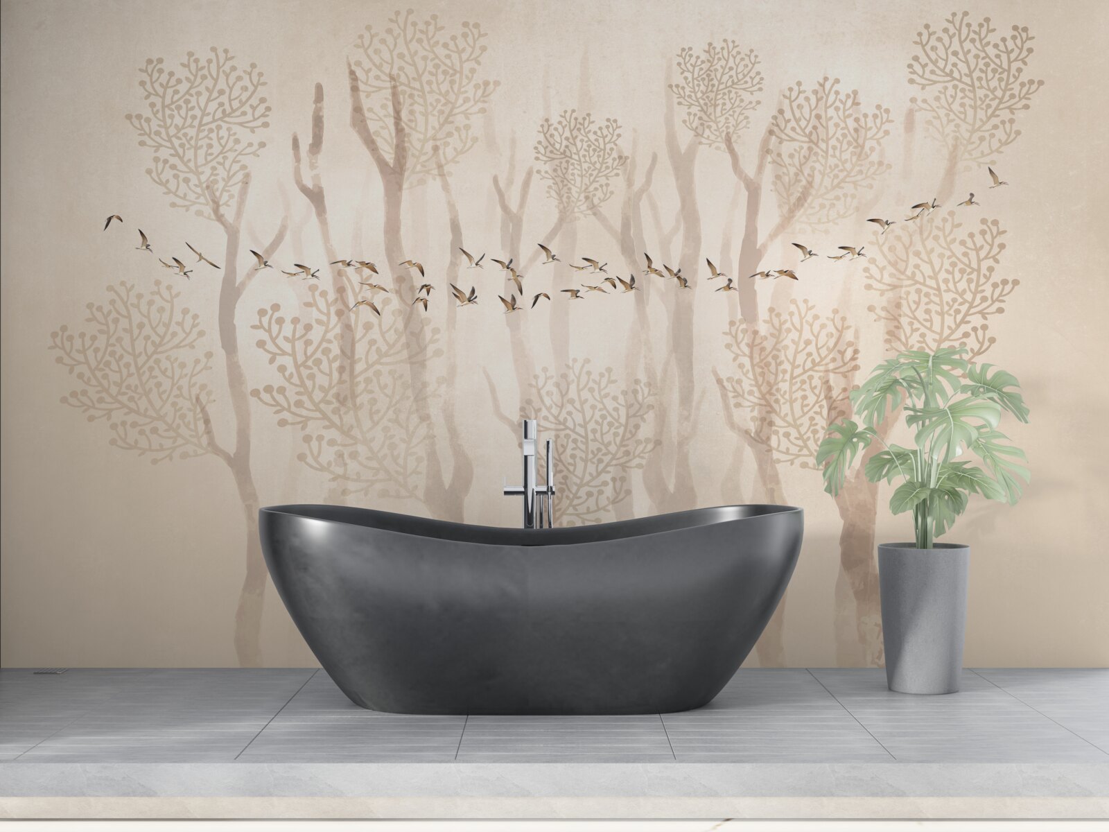 Papier peint arbres gracieux et groupe d'oiseaux