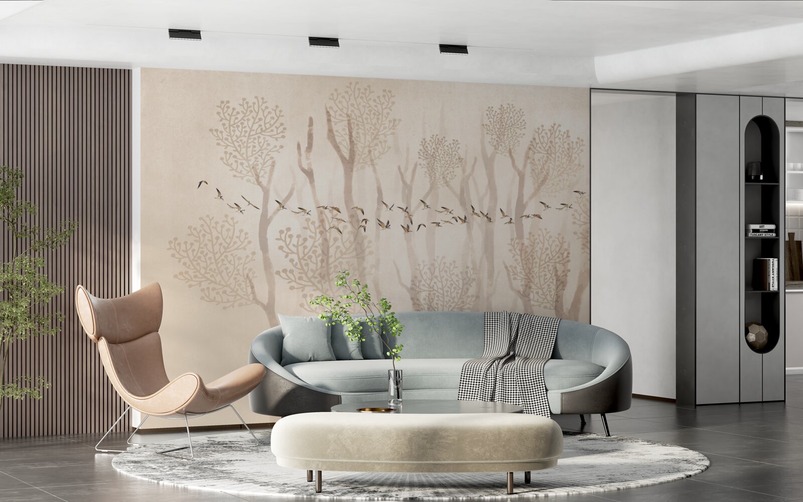 Papier peint arbres gracieux et groupe d'oiseaux