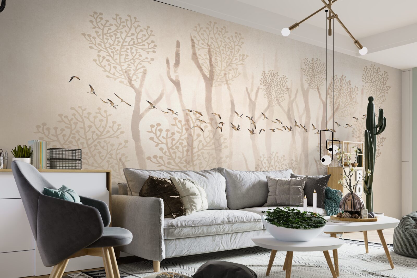 Papier peint arbres gracieux et groupe d'oiseaux