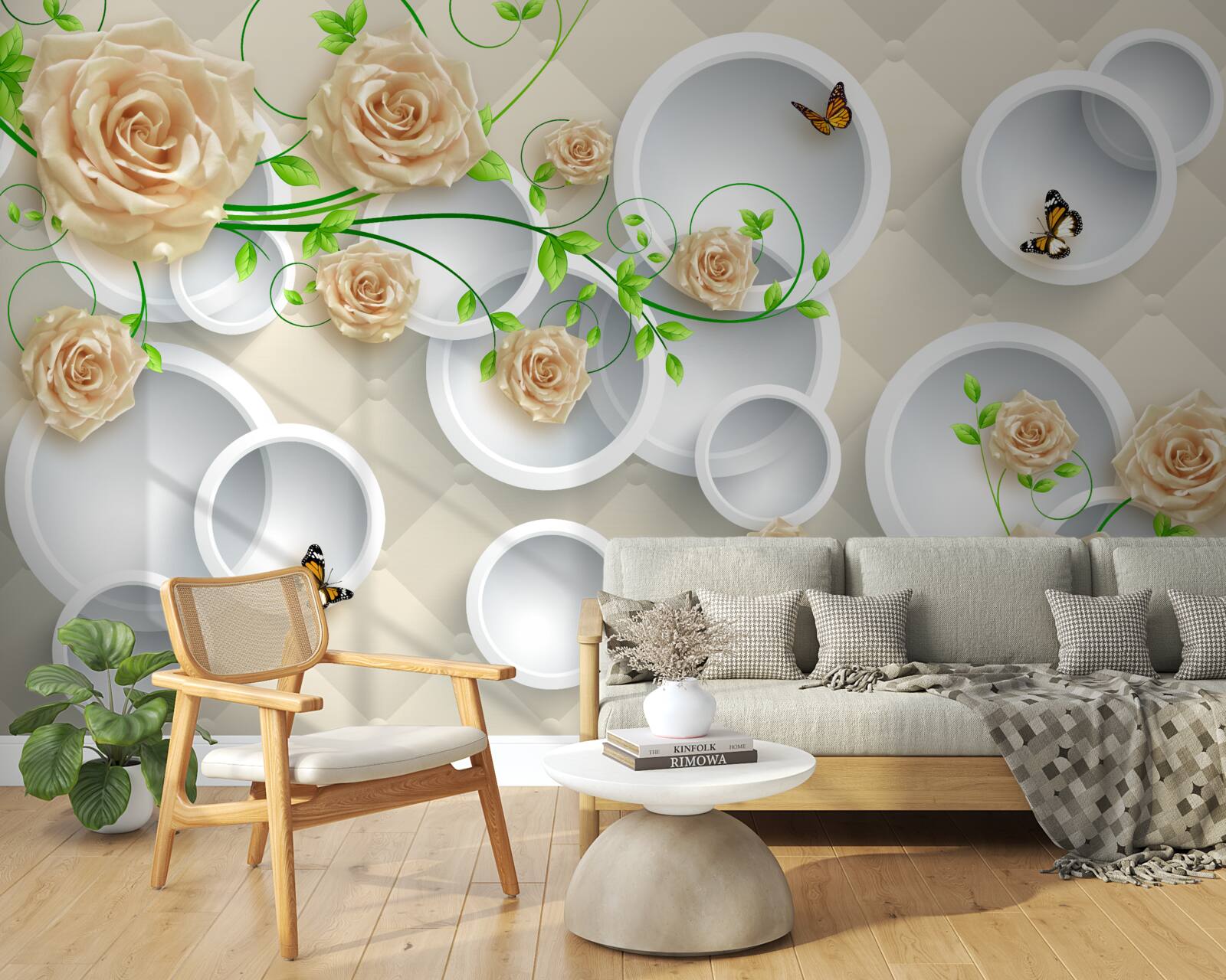 Papier peint cercles à motifs de roses