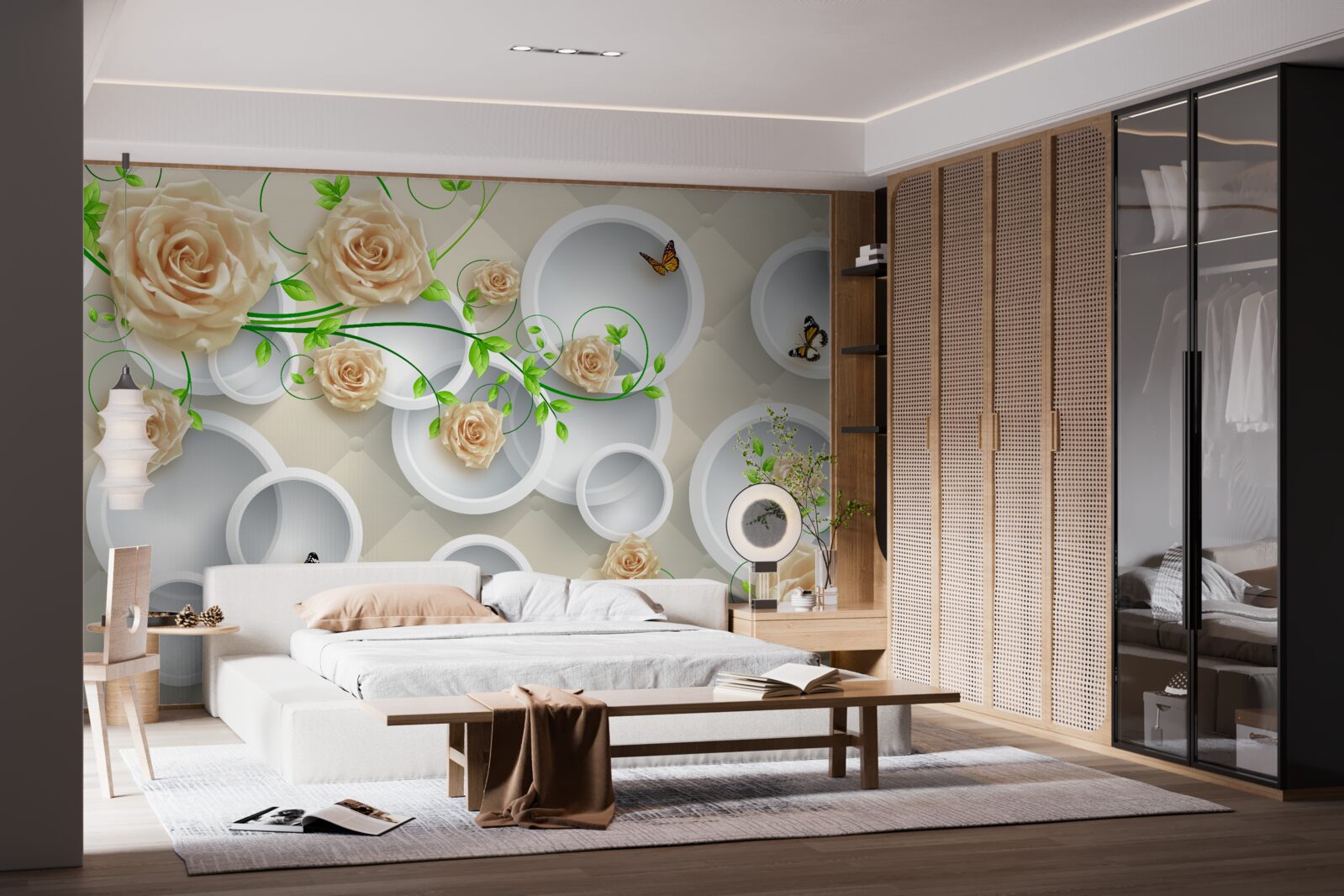 Papier peint cercles à motifs de roses