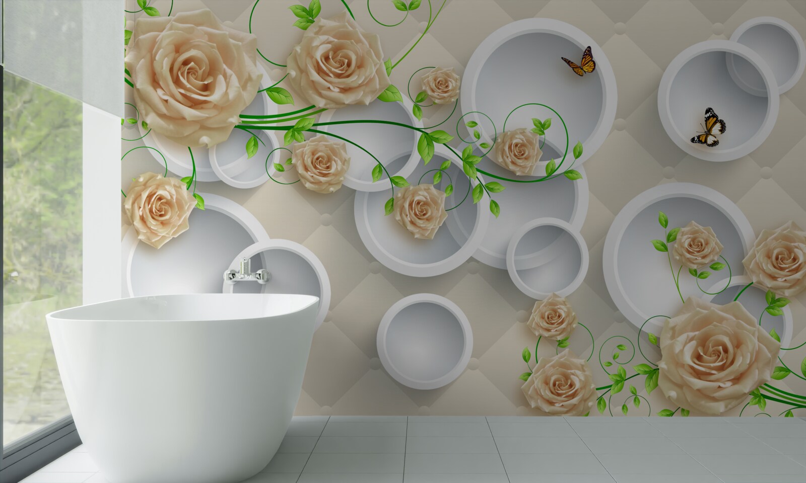 Papier peint cercles à motifs de roses