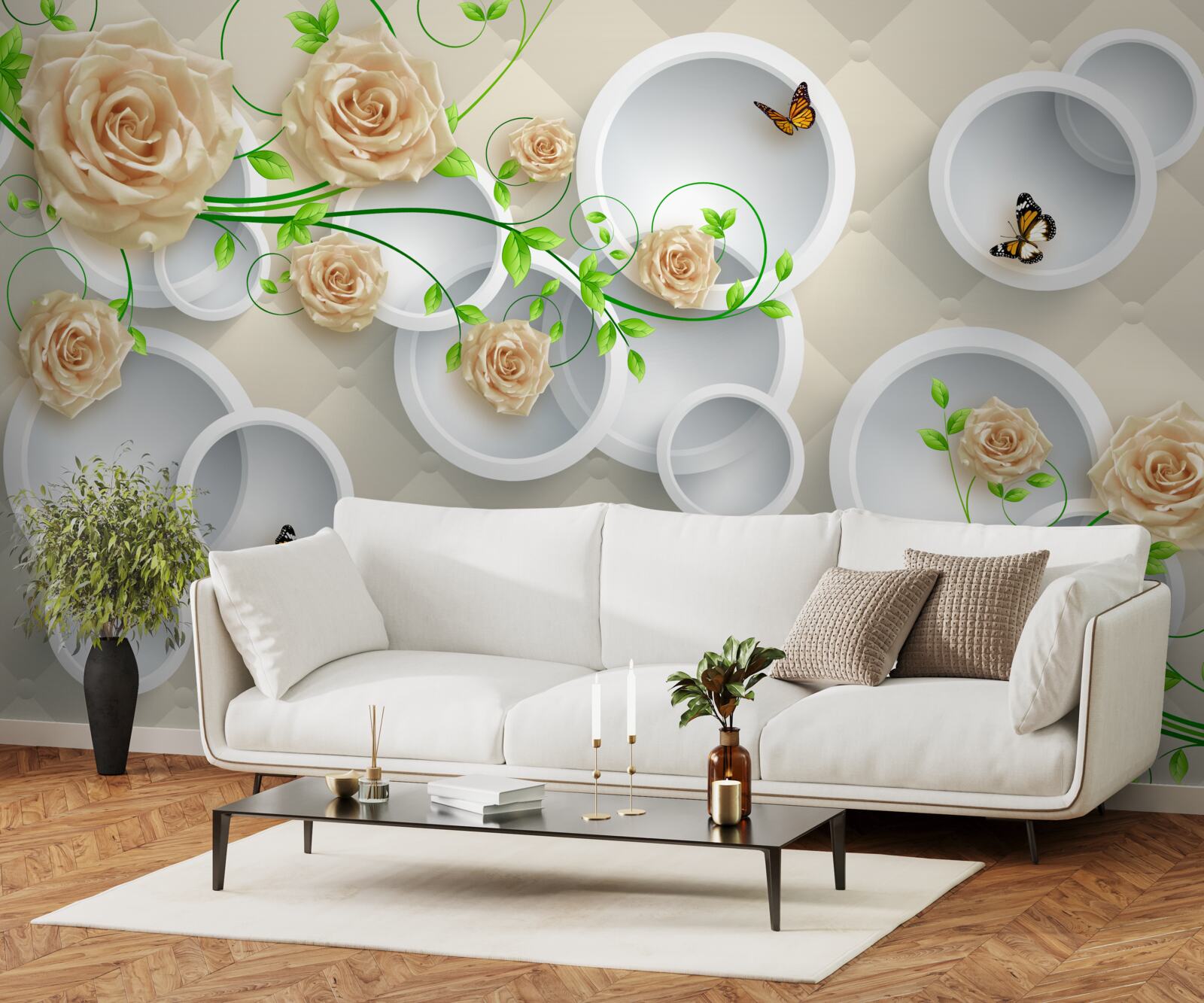 Papier peint cercles à motifs de roses