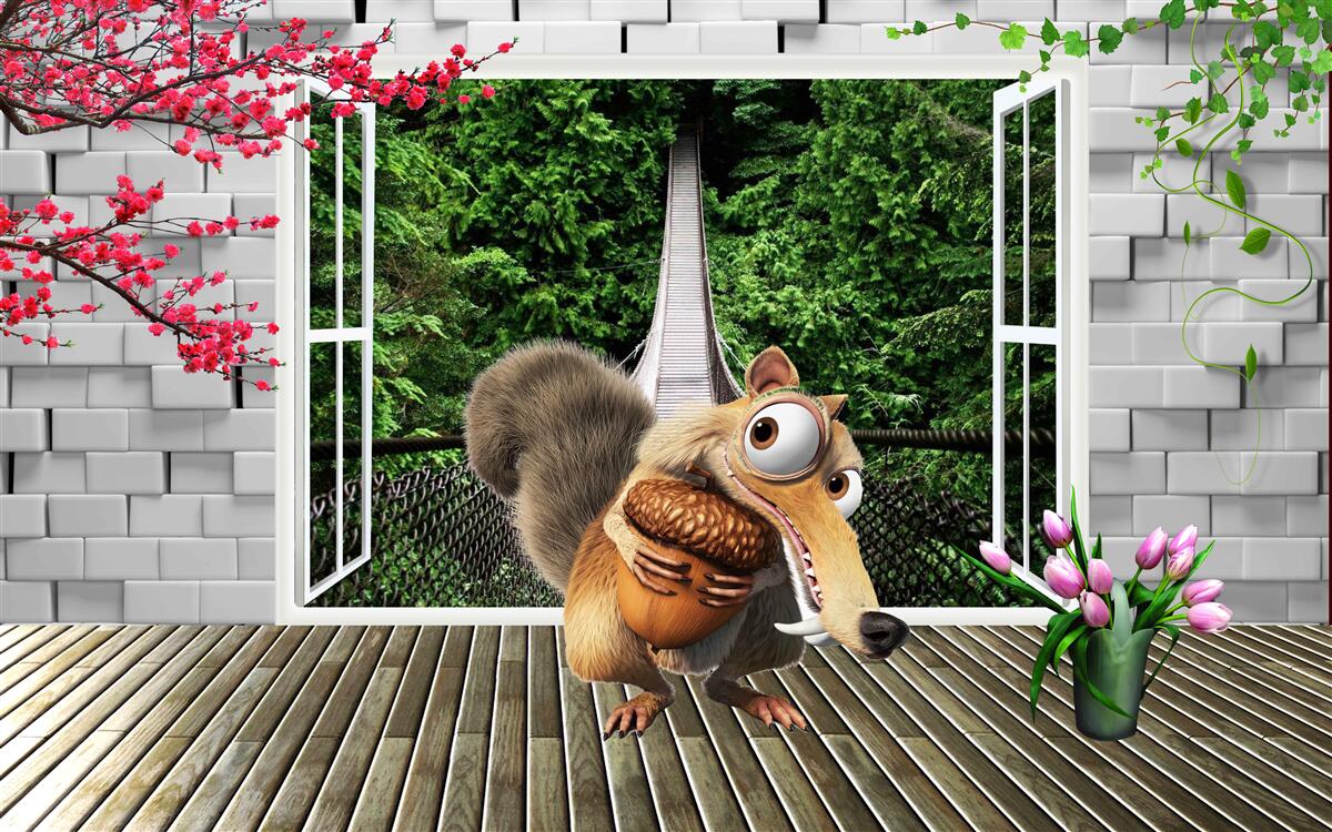 Papier peint un écureuil dessiné est visible depuis la fenêtre