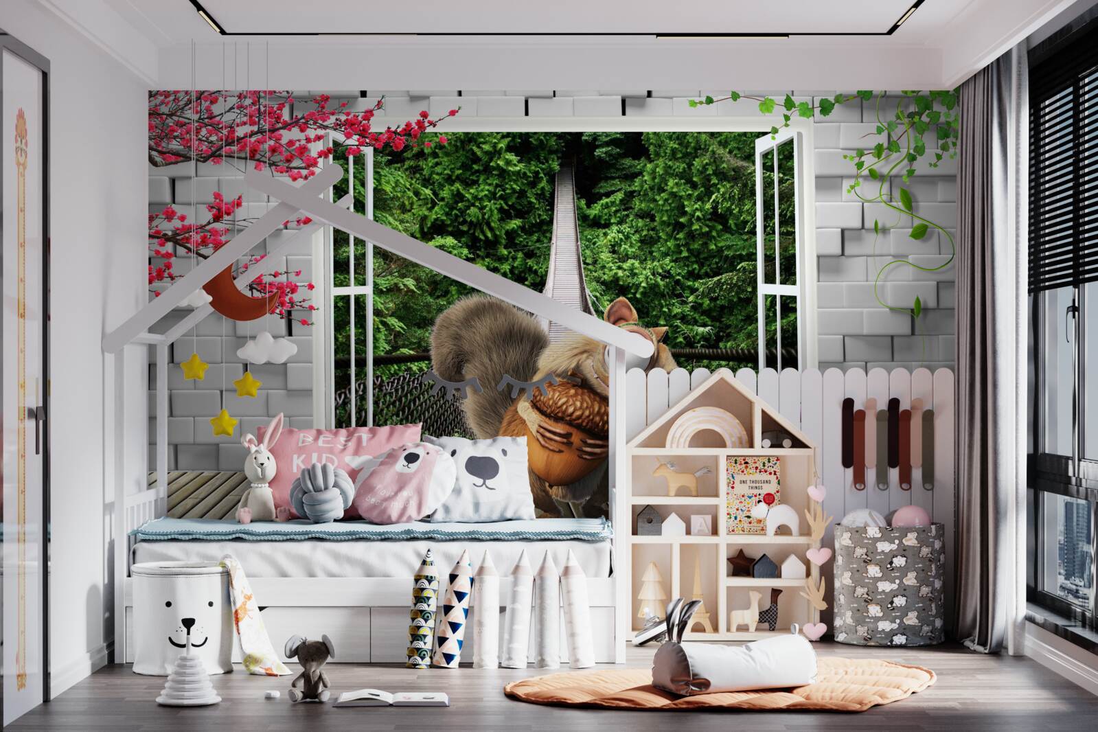 Papier peint un écureuil dessiné est visible depuis la fenêtre