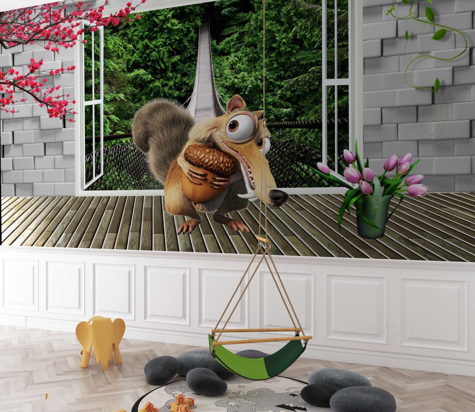 Papier peint un écureuil dessiné est visible depuis la fenêtre
