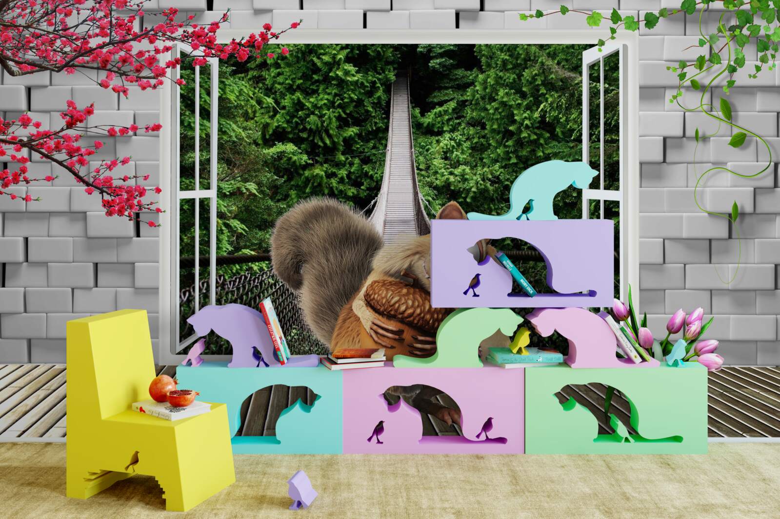 Papier peint un écureuil dessiné est visible depuis la fenêtre