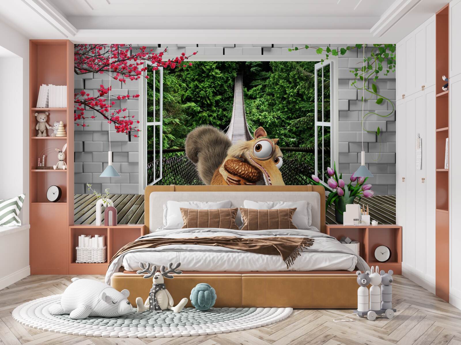 Papier peint un écureuil dessiné est visible depuis la fenêtre