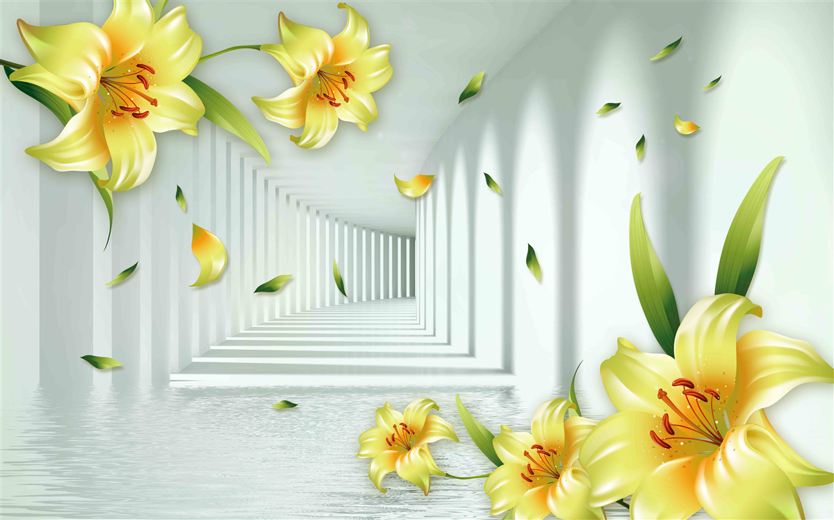 Papier peint tunnel tridimensionnel avec des lys jaunes